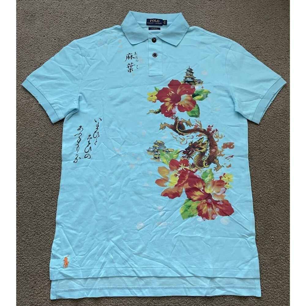 Polo Ralph Lauren Dragon Hibiscus Flower Blue Polo Shirt Custom Fit Art Y2K
